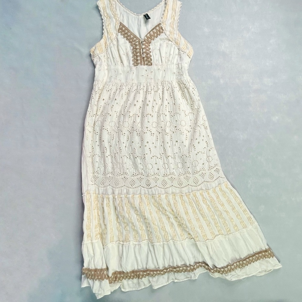 Me 2 Magic Tiered Boho Maxi Cotton Dress Embroidered Tassels Gold Stripe Size 2X